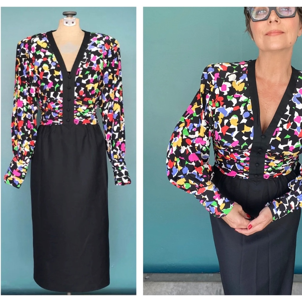 Vintage Silk 80s Midi Dress Balloon Sleeve